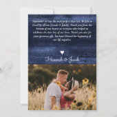 Carte De Remerciements Mariage bleu rustique de la marine de tournesol (Dos)