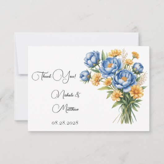 Carte De Remerciements Mariage Blue Peony et Yellow Daisy (Devant)