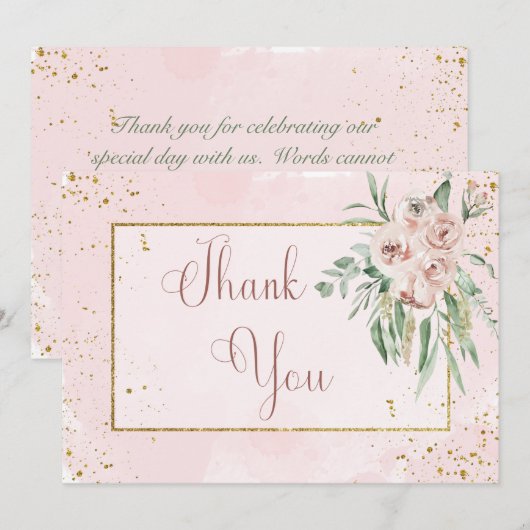 Carte De Remerciements Mariage Blush Roses & Gold Accents (Devant / Derrière)