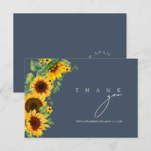 Carte De Remerciements Mariage Bohème Tournesol Monogramme Bleu Ardoise