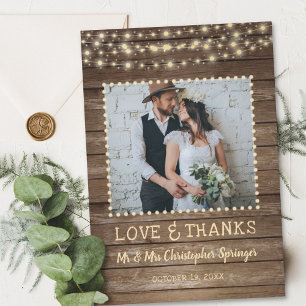 Carte De Remerciements Mariage Bois Rustique et Guirlandes de Lumieres Me