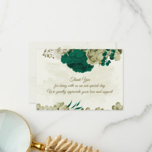 Carte De Remerciements mariage botanique des fleurs beiges vert émeraude