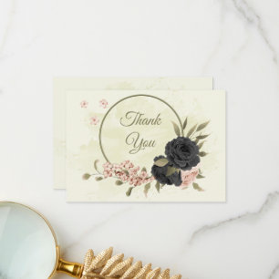 Carte De Remerciements mariage botanique des fleurs rose vif noir