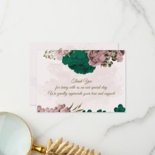 Carte De Remerciements mariage botanique des fleurs vert émeraude rose