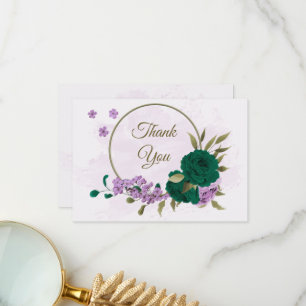 Carte De Remerciements mariage botanique des fleurs violettes vert émerau