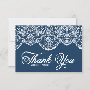 Carte De Remerciements Mariage Brocart de Dentelle Botanique Élégant Bleu
