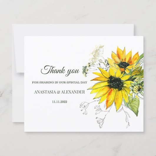 Carte de remerciements Mariage Budget Sunflower. (Devant)