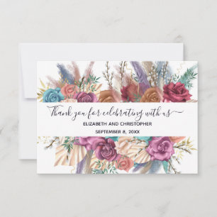 Carte De Remerciements Mariage Calligraphie Florale Bleu Rose Pêche