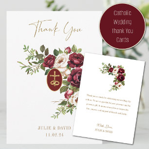 Carte De Remerciements Mariage catholique Claret Floral Gold Crucifix