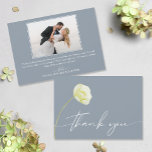 Carte De Remerciements Mariage Chic Watercolor<br><div class="desc">Merci en lettrage chic avec une belle fleur blanche à l'avant,  ces cartes de remerciement bleu poussiéreux mariage présentent votre photo et votre message à l'arrière. CORRESPONDANCE d'objets dans notre collection.</div>