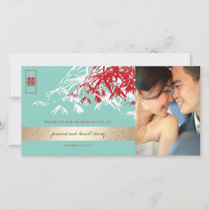 Carte De Remerciements Mariage chinois Feuille en bambou rouge turquoise