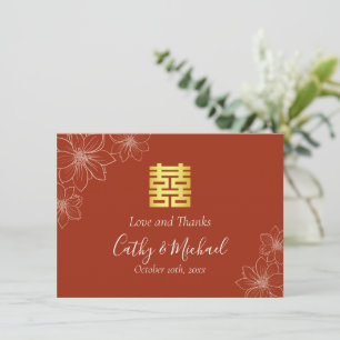 Carte De Remerciements Mariage chinois floral moderne rouge bohème