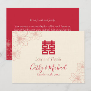 Carte De Remerciements Mariage chinois floral rouge et beige bohème