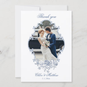 Carte De Remerciements Mariage Classique Élégant Cadre Floral Bleu Poussi