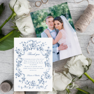 Carte De Remerciements Mariage Classique Fleurs et Rubans Bleu Français