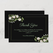 Carte De Remerciements Mariage Classique Noir avec Camélia Blanc (Devant / Derrière)