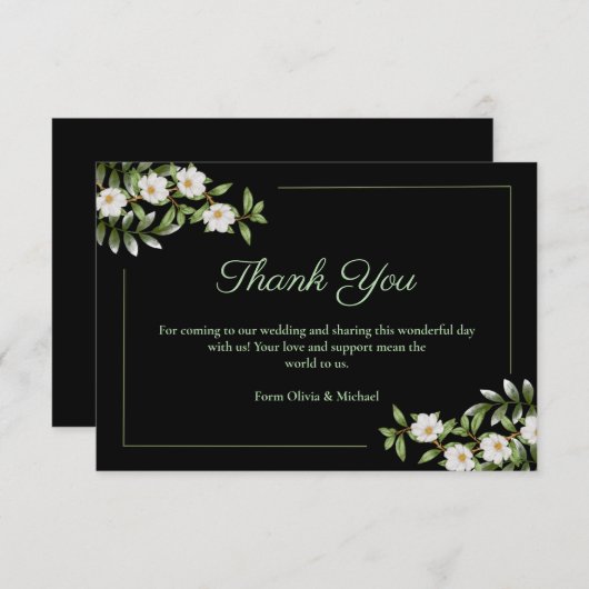 Carte De Remerciements Mariage Classique Noir avec Camélia Blanc (Devant / Derrière)