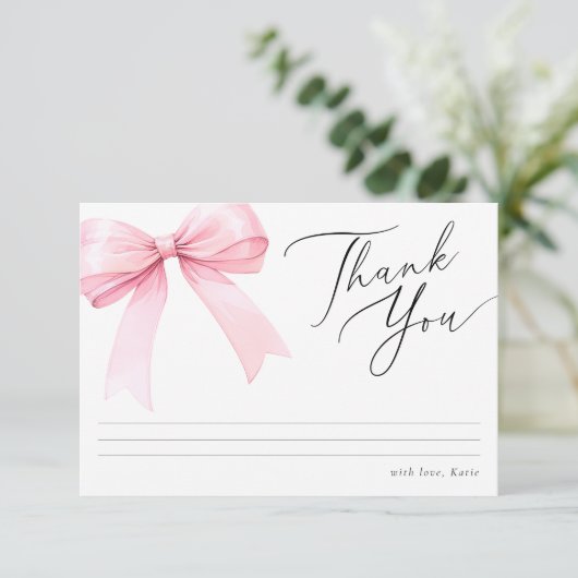 Carte De Remerciements Mariage Coquette Rose avec un Nœud (Debout devant)