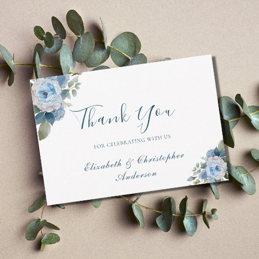 Carte De Remerciements Mariage d'aquarelle bleu blanc fleuri