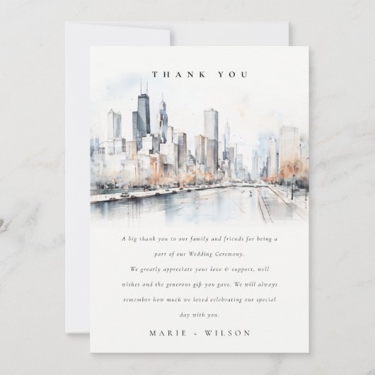 Carte De Remerciements Mariage d'aquarelle de Chicago, Illinois City Scap (Devant)