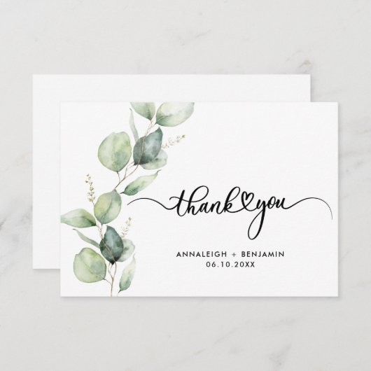 Carte De Remerciements Mariage d'aquarelle Eucalyptus Script moderne (Devant / Derrière)