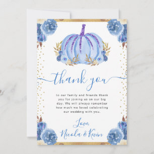 Carte De Remerciements Mariage d'automne Citrouille Florale Bleu et Or