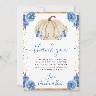 Carte De Remerciements Mariage d'automne Citrouille Florale Bleue et Blan
