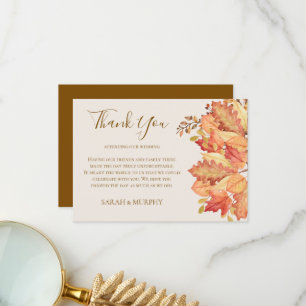 Carte De Remerciements Mariage d'automne élégant à l'aquarelle avec feuil