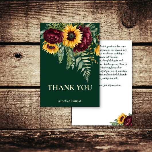 Carte De Remerciements Mariage d'automne vert rustique tournesols