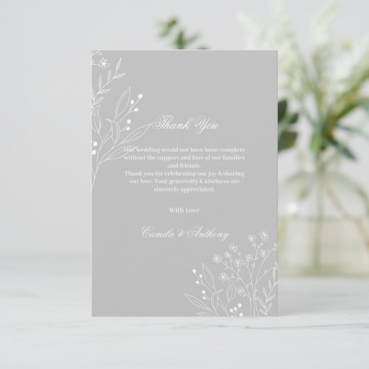 Carte De Remerciements Mariage de Boho Floral à Coin Blanc Argent (Debout devant)