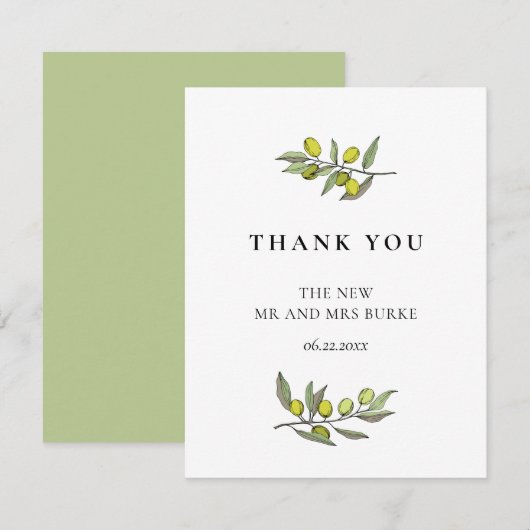 Carte De Remerciements Mariage de branche Olive moderne (Devant / Derrière)