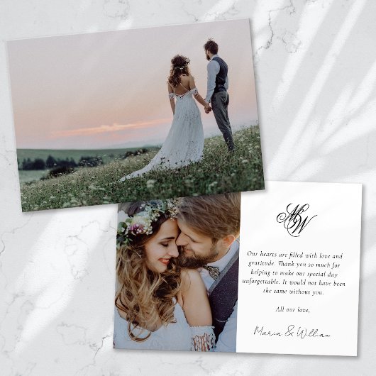 Carte De Remerciements Mariage de calligraphie photographique Monogramme 