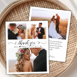 Carte de remerciements Mariage de collection de ph<br><div class="desc">Budget Elegant Modern Script 3 Photo Collage Mariage Merci personnalisé abordable petit budget carte mince pas cher. Modèle mariage élégant avec trois (3) photos sur le devant et une (1) photo sur le dos. Avec le texte "Merci" dans une main tourbillonnant lettrée calligraphie tourbillonnant ou typographie swash script de police...</div>