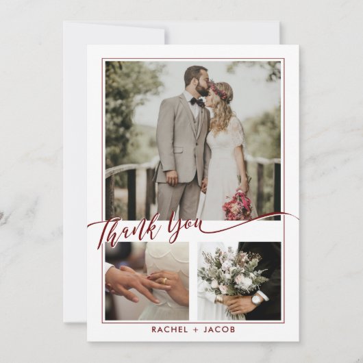 Carte De Remerciements Mariage de collection photo de script rouge modern (Devant)