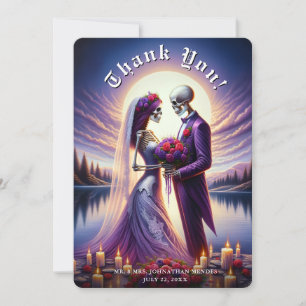 Carte De Remerciements Mariage de couple de squelettes gothiques avec ros