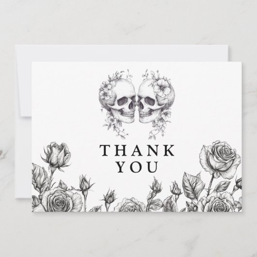 Carte De Remerciements Mariage de crânes floraux gothiques noirs et blanc (Devant)