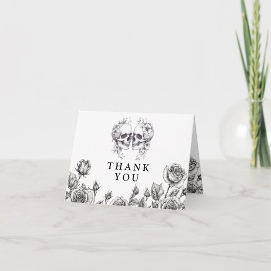 Carte De Remerciements Mariage de crânes floraux gothiques noirs et blanc (Devant)