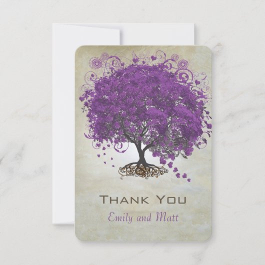 Carte De Remerciements Mariage de feuilles de coeur violet invite (Devant)