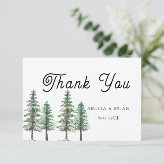 Carte De Remerciements Mariage de forêt de pins d'aquarelle (Debout devant)