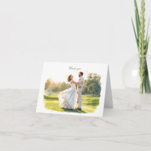 Carte De Remerciements Mariage de golf avec mariée et marié avec texte