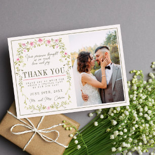 Carte De Remerciements Mariage de jardin floral rose et vert de conte de