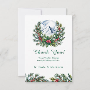 Carte De Remerciements Mariage de la couronne de pin neigeux d'hiver