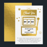 Carte De Remerciements Mariage de machine à sous Las Vegas Destination Ca<br><div class="desc">Un design mariage à thème unique dessiné à la main par Las Vegas Casino. Destination moderne Las Vegas, Nevada thème mariage avec cartes à jouer, casino de jeux d'argent illustrations à thème. Un carte de remerciements mariage de Las Vegas faux or idéal pour les mariages à thème casino. Des invitations...</div>