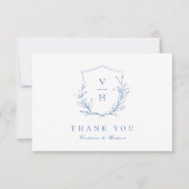 Carte De Remerciements Mariage de monogramme bleu simple de crête botaniq (Devant)