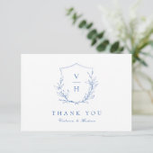 Carte De Remerciements Mariage de monogramme bleu simple de crête botaniq (Debout devant)