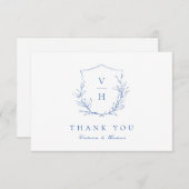 Carte De Remerciements Mariage de monogramme bleu simple de crête botaniq (Devant / Derrière)