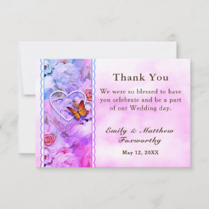 Carte De Remerciements Mariage de papillon Pearl Heart Rose Roses