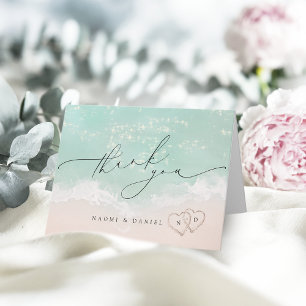 Carte De Remerciements Mariage de plage à Modern Script Cœurs dans le Sab