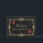 Carte De Remerciements Mariage de poker de luxe Gatsby Casino Las Vegas<br><div class="desc">Elégant, Unique Casino Royale et Great Gatsby conception de carte à thème. Il présente un style art déco vintage, un cadre hollywoodien des années 1920 avec fausse feuille d'or Fleur-de-lis, coeurs rouges, Q et K sur deux coins (simulant les cartes à jouer). Sur le dos faux motif Art Déco or,...</div>