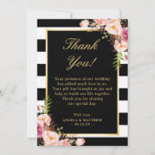 Carte De Remerciements Mariage de rayures blanches rose florale noire (Devant)